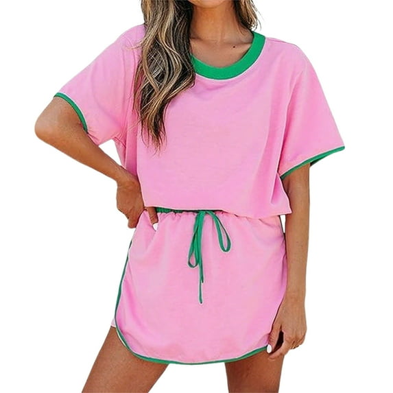 Women's Casual 2 Piece Short Sleeve Crew Neck Color Block Pullover Tops Matching Drawstring Mini Skirt Going Out Lounge Outfits