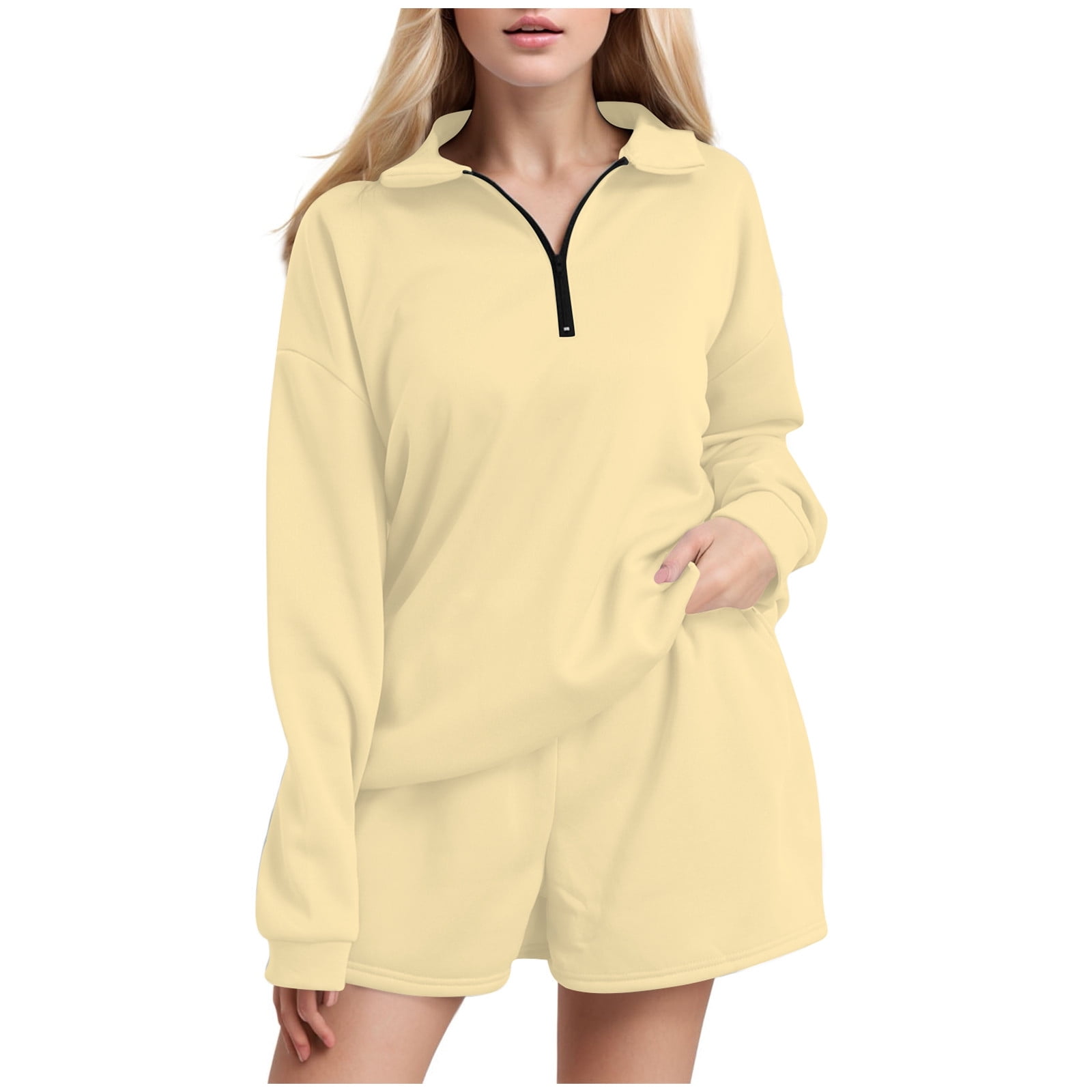 Women #39 s Casual 2 Piece Shorts Suit Oversized Half Zip Sweatshirt and Women #39 s Casual 2 Piece Shorts Suit Oversized Half Zip Sweatshirt and
