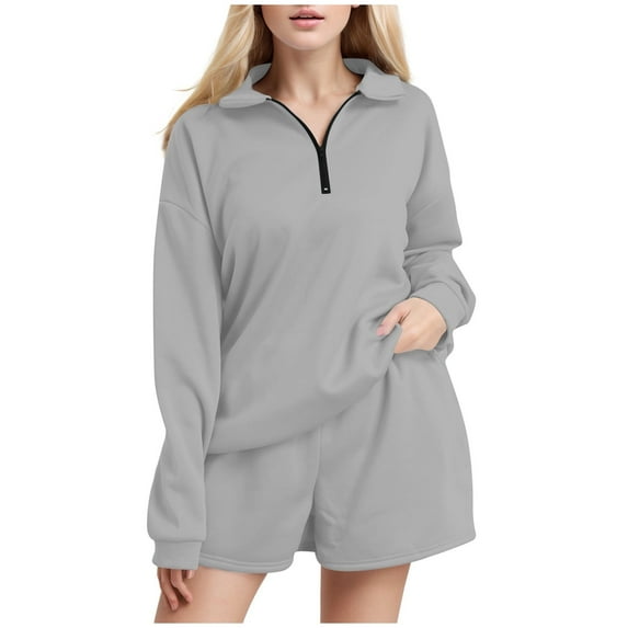 Women's Casual 2 Piece Shorts Suit Oversized Half Zip Sweatshirt and Shorts Set Comfortable Wear Outfit for Women