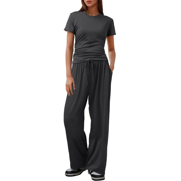 Women's Casual 2 Piece Suit Set Pleated Top and High Waisted Wide Leg Pants Comfortable Tracksuit Outfit