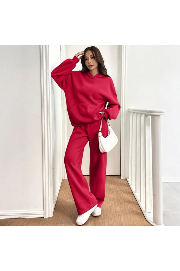 Women's Casual 2 Piece Sweatsuit Set Long Sleeve Hoodie Wide Leg Sweatpants Lounge Track Outfit Red L