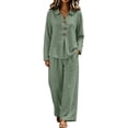 thumbnail image 1 of Women's Casual 2 Piece Tracksuit Outfits Lapel Long Sleeve Tunic Shirts and Loose Wide Leg Flowy Pants Soft Daily Loungewear Sets Army Green, 1 of 7
