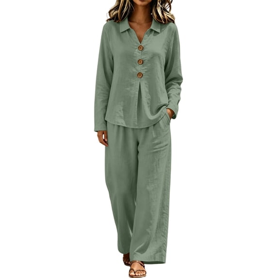 Women's Casual 2 Piece Tracksuit Outfits Lapel Long Sleeve Tunic Shirts and Loose Wide Leg Flowy Pants Soft Daily Loungewear Sets Army Green