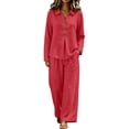 thumbnail image 1 of Women's Casual 2 Piece Tracksuit Outfits Lapel Long Sleeve Tunic Shirts and Loose Wide Leg Flowy Pants Soft Daily Loungewear Sets Red, 1 of 8