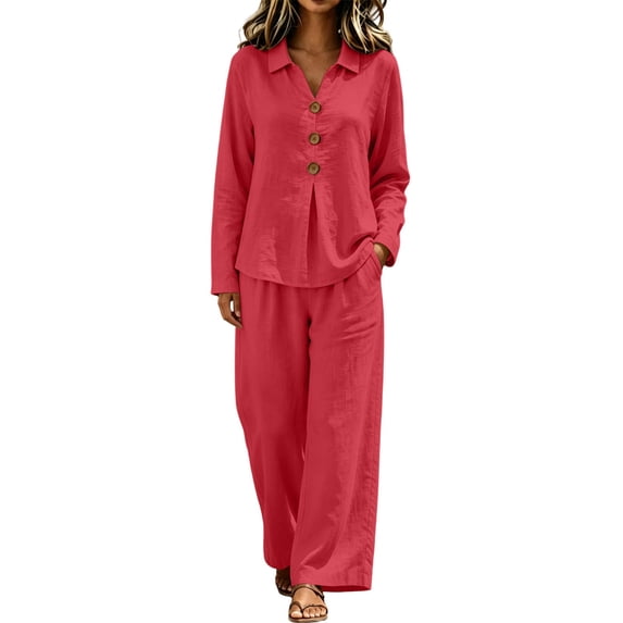 Women's Casual 2 Piece Tracksuit Outfits Lapel Long Sleeve Tunic Shirts and Loose Wide Leg Flowy Pants Soft Daily Loungewear Sets Red