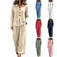 thumbnail image 1 of Women's Casual 2 Piece Tracksuit Outfits Lapel Long Sleeve Tunic Shirts and Loose Wide Leg Flowy Pants Soft Daily Loungewear Sets White, 1 of 7