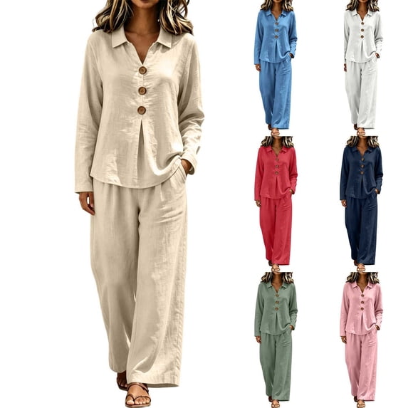 Women's Casual 2 Piece Tracksuit Outfits Lapel Long Sleeve Tunic Shirts and Loose Wide Leg Flowy Pants Soft Daily Loungewear Sets White