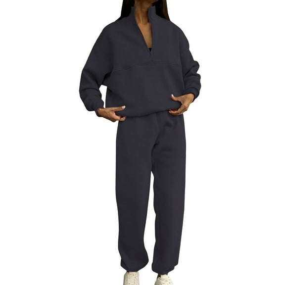Women's Casual 2-Piece Tracksuit Set with Half-Zip Sweatshirt & Joggers, Lapel Neck Long Sleeve Outfit
