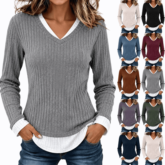 Women's Casual 2 in 1 Pullover Long Sleeve Layered Shirts V Neck Solid Color Blouse Fall Fashion Outfits