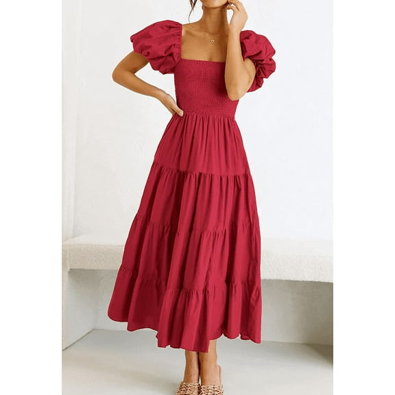 Women's Casual Summer Midi Dress Puffy Short Sleeve Square Neck Smocked Tiered Ruffle Dresses