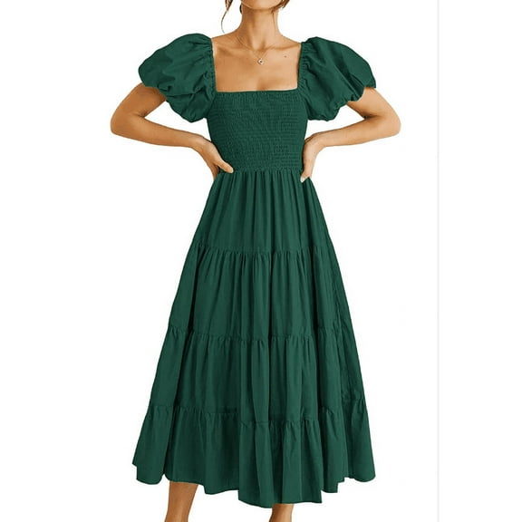 Women's Casual 2024 Summer Midi Dress Puffy Short Sleeve Square Neck Smocked Tiered Ruffle Dresses