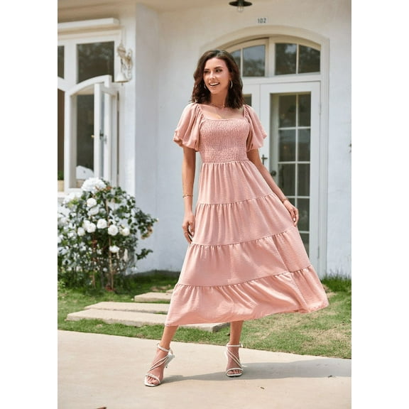 Women's Casual Summer Midi Dress Puffy Short Sleeve Square Neck Smocked Tiered Ruffle Dresses