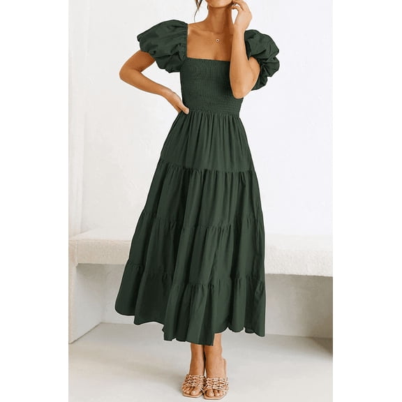 Women's Casual  Summer Midi Dress Puffy Short Sleeve Square Neck Smocked Tiered Ruffle Dresses