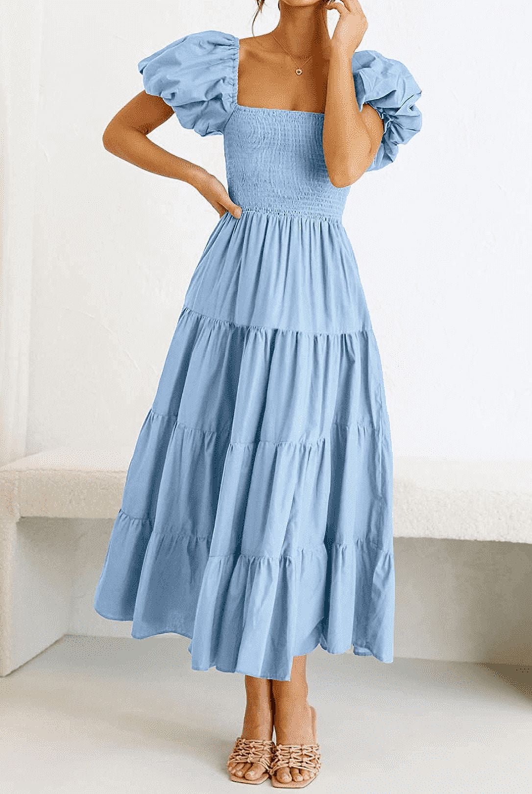 Women's Casual Summer Midi Dress Puffy Short Sleeve Square Neck Smocked Tiered Ruffle Dresses - Walmart.com Women's Casual Summer Midi Dress Puffy Short Sleeve Square Neck Smocked Tiered Ruffle Dresses - Walmart.com