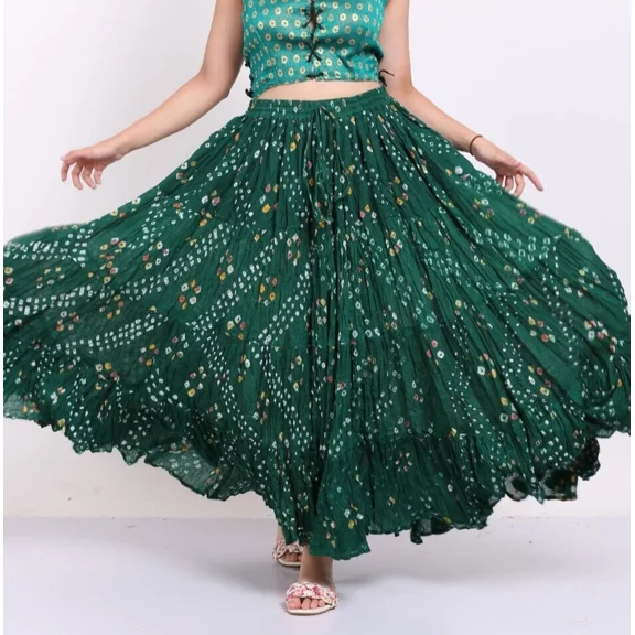 Women's Casual 25 Yard 4 Tier 100% Cotton JAIPURI Gypsy Green Polka Dot Skirt