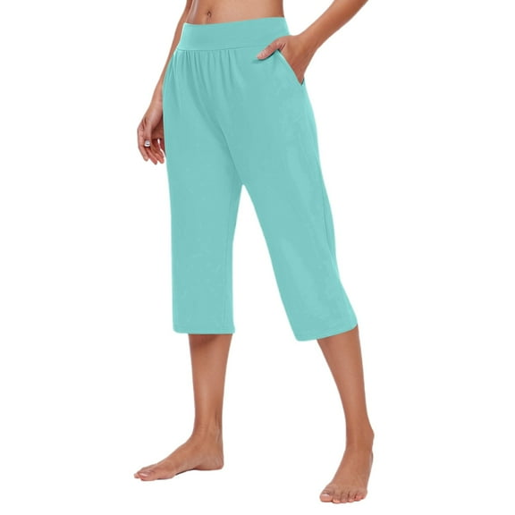 Women's Casual 3/4 Length Pants - Elastic Waist for Home/Sports - Solid Color Polyester Spandex - XXXL Size - All-Season Comfort