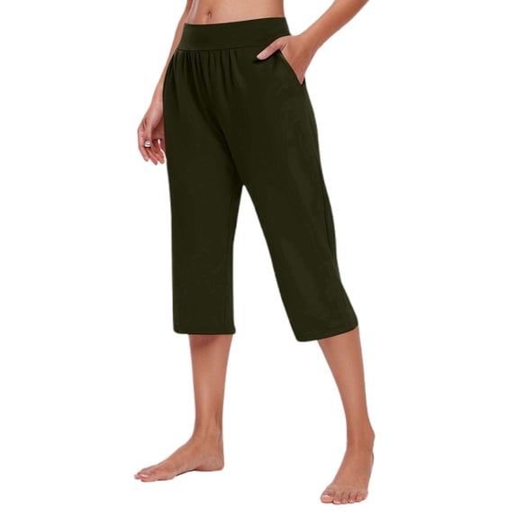 Women's Casual 3/4 Length Pants - Elastic Waist for Home/Sports - Solid Color Polyester Spandex - XXXL Size - All-Season Comfort