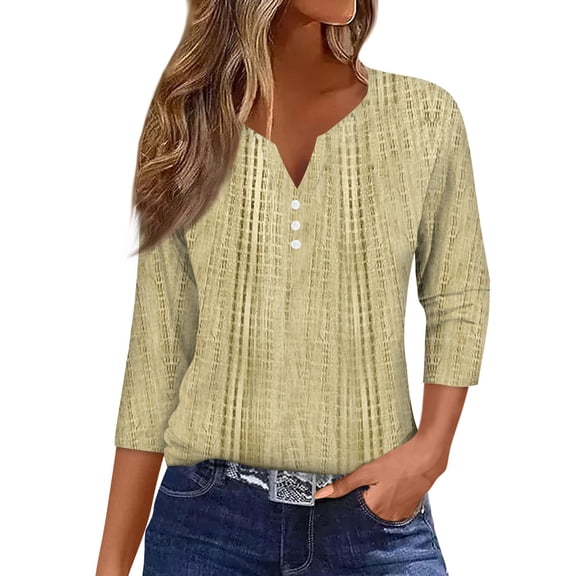 Women's Casual 3/4 Sleeve Blouse with Button Detail, Lightweight V-Neck Tunic Top for Spring and Summer, Loose Fit Shirt