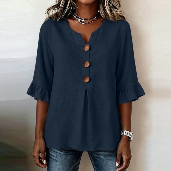Women's Casual 3/4 Sleeve Button Blouse Solid Color Top Pullover