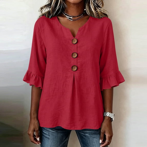 Women's Casual 3/4 Sleeve Button Blouse Solid Color Top Pullover