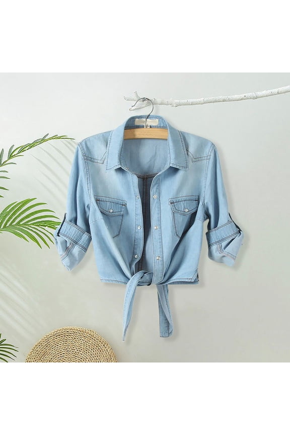 Women's Casual 3/4 Sleeve Button Down Crop Jean Top Knot Tie Denim Shirt Jacket Womens Jean Jacket Jean Petite Womens Jacket Casual Long Sleeve Jean for Women Youth Denim Jacket Light Jackets for