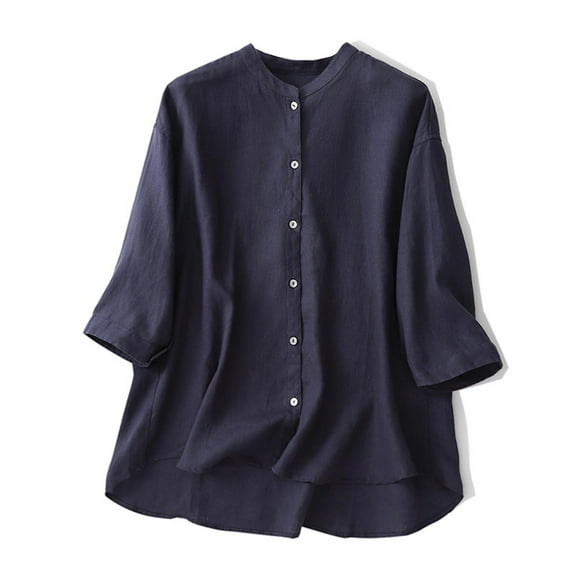 Women's Casual 3/4 Sleeve Button-Down Top with Stand Collar in Solid Color
