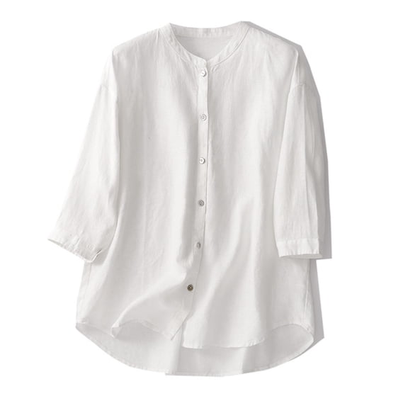 Women's Casual 3/4 Sleeve Button-Down Top with Stand Collar in Solid Color