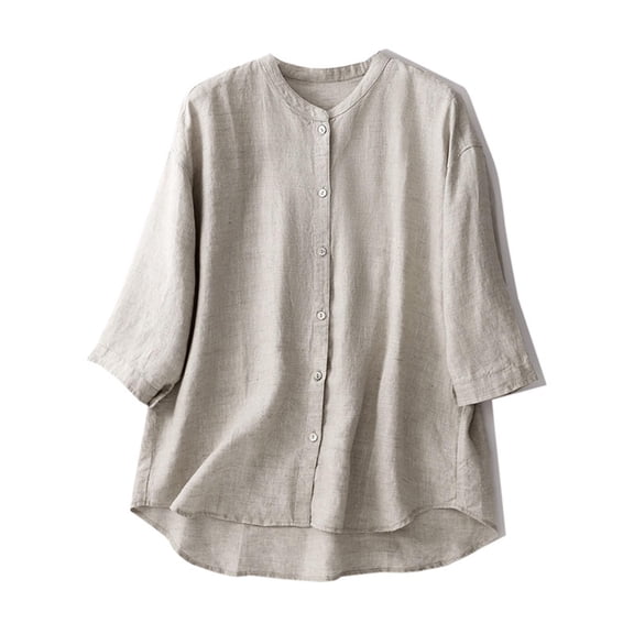 Women's Casual 3/4 Sleeve Button-Down Top with Stand Collar in Solid Color