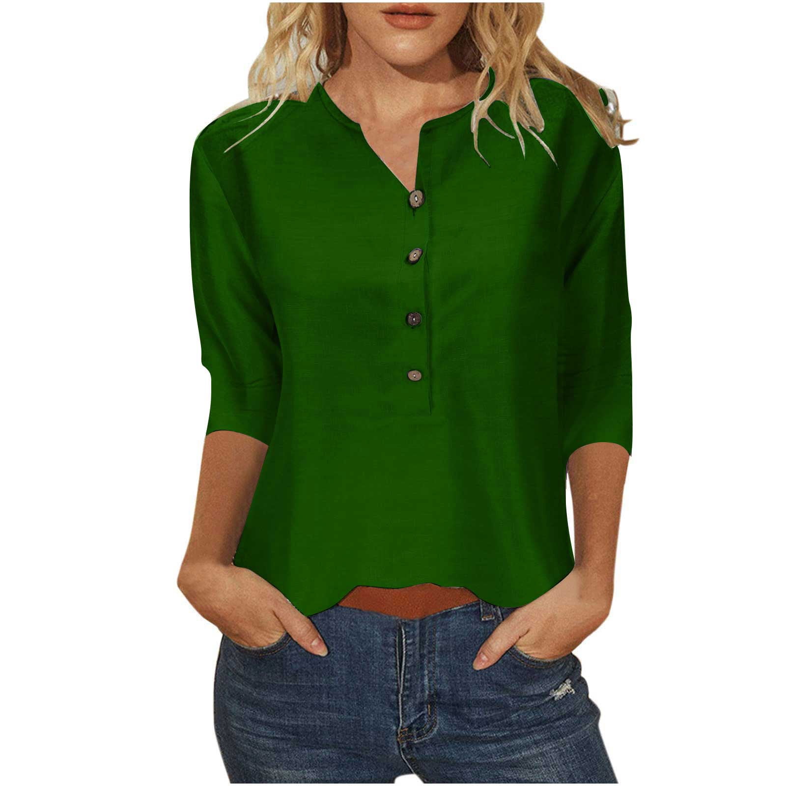 Women s Casual 3 4 Sleeve Button T Shirt Neck Print Blouse Dressy Casual Cute Summer Tops 01 Green S Walmart