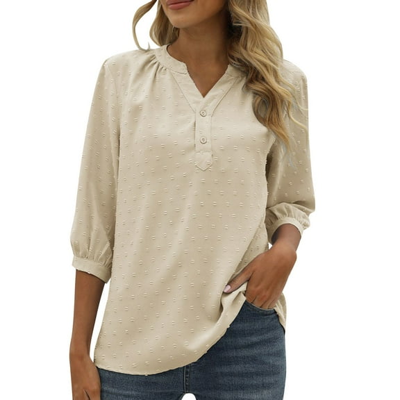 Women's Casual 3/4 Sleeve Henley V-Neck Button Up Pleated Back Blouses Swiss Dot Blouse Tops T-Shirts