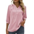 thumbnail image 1 of Women's Casual 3/4 Sleeve Henley V-Neck Button Up Pleated Back Blouses Swiss Dot Blouse Tops T-Shirts, 1 of 4