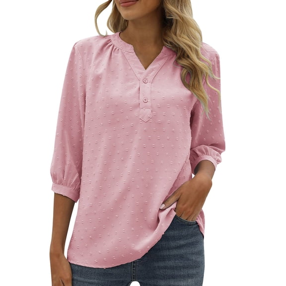 Women's Casual 3/4 Sleeve Henley V-Neck Button Up Pleated Back Blouses Swiss Dot Blouse Tops T-Shirts