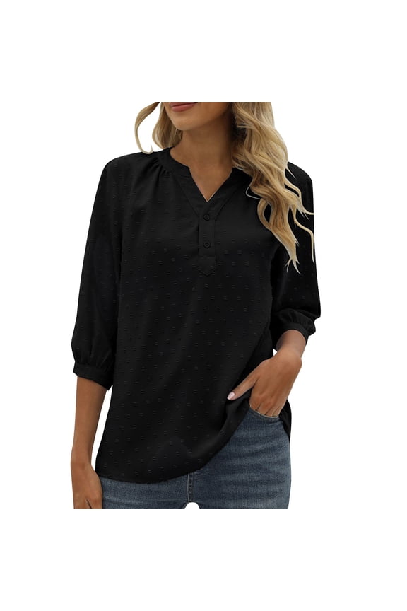 Women's Casual 3/4 Sleeve Henley V-Neck Button Up Pleated Back Blouses Swiss Dot Blouse Tops T-Shirts