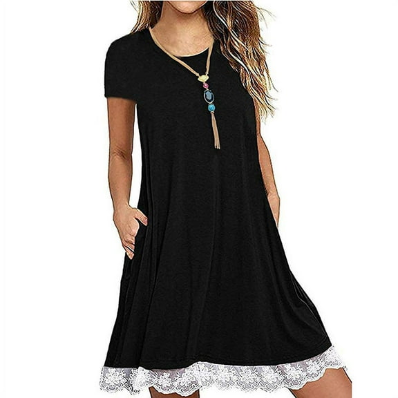 Women's Casual 3/4 Sleeve Lace Tunic Dress Summer T-Shirt Dress with Pockets