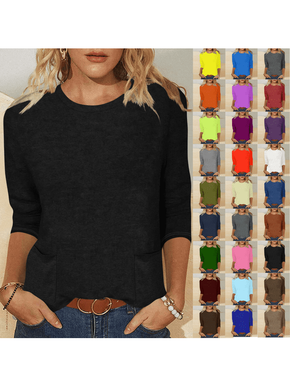 Women's Casual 3/4 Sleeve Length T-Shirts Tunic Tops Round Neck Loose Fit Basic Tee Solid Color Blouse for Work Daily