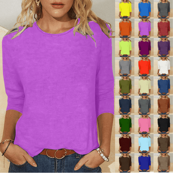 Women's Casual 3/4 Sleeve Length T-Shirts Tunic Tops Round Neck Loose Fit Basic Tee Solid Color Blouse for Work Daily