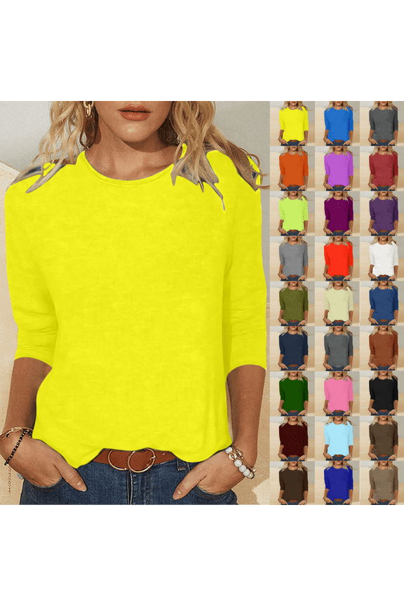 Women's Casual 3/4 Sleeve Length T-Shirts Tunic Tops Round Neck Loose Fit Basic Tee Solid Color Blouse for Work Daily