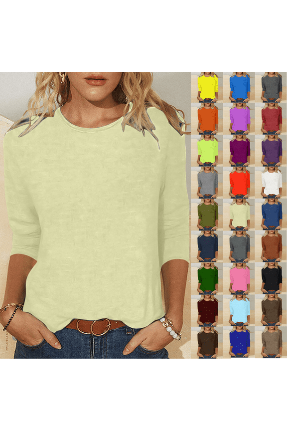 Women's Casual 3/4 Sleeve Length T-Shirts Tunic Tops Round Neck Loose Fit Basic Tee Solid Color Blouse for Work Daily