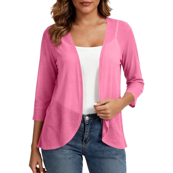 Women's Casual 3/4 Sleeve Lightweight Cardigan Open Front Summer Cardigans Trendy Shrug Coverups Pink S(S)