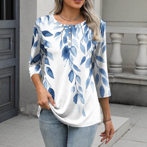 Women's Casual 3/4 Sleeve Printed Round Neck Loose-Fit T-Shirt Top for Everyday Wear