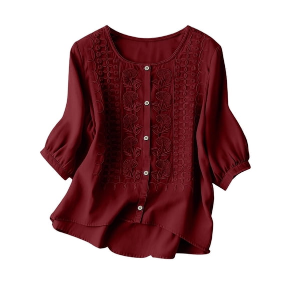 Women's Casual 3/4 Sleeve Round Neck Button Front Loose Fit Cardigan Blouse Top