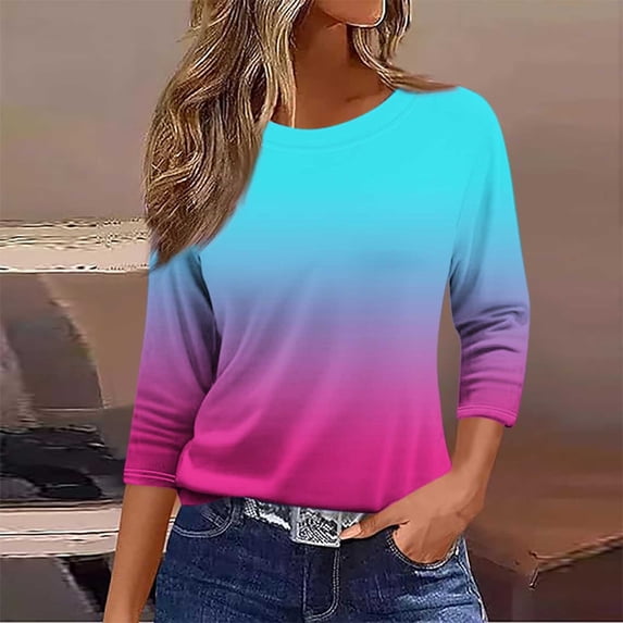 Women's Casual 3/4 Sleeve Round Neck Printed Blouse T-Shirt for Daily Wear