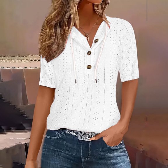 Women's Casual 3/4 Sleeve Shirts Eyelet Button Front Lightweight Drawstring Pullover Tops Summer Fall Basic Clothes