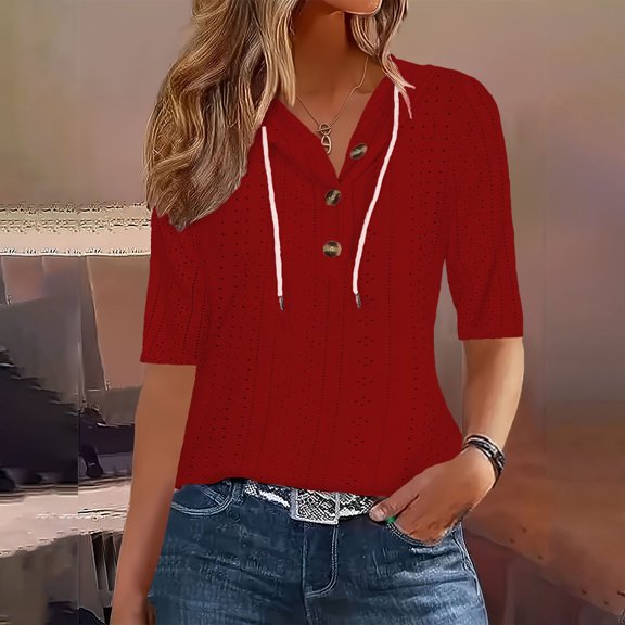 Women's Casual 3/4 Sleeve Shirts Eyelet Button Front Lightweight Drawstring Pullover Tops Summer Fall Basic Clothes