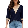 thumbnail image 1 of Women's Casual 3/4 Sleeve Shirts Lace V Neck Color Block Dressy Tops Trendy Hollow Floral Blouses T Shirts S-XXL, 1 of 13