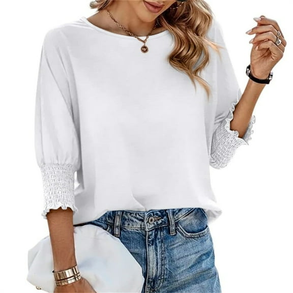 Women's Casual 3/4 Sleeve Solid Color Simple Shirt Crew Neck Loose Summer Tops