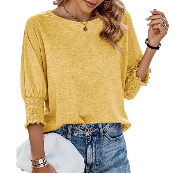 Women's Casual 3/4 Sleeve Solid Color Simple Shirt Crew Neck Loose Summer Tops