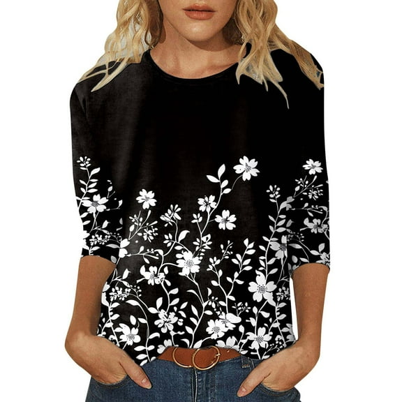 Women's Casual 3/4 Sleeve T-Shirts 2026 Fashion Floral Printed Crew Neck Pullover Blouses Business Work Fashion Regular Fit Tops