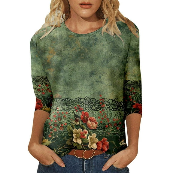 Women's Casual 3/4 Sleeve T-Shirts 2026 Fashion Floral Printed Crew Neck Pullover Blouses Business Work Fashion Regular Fit Tops