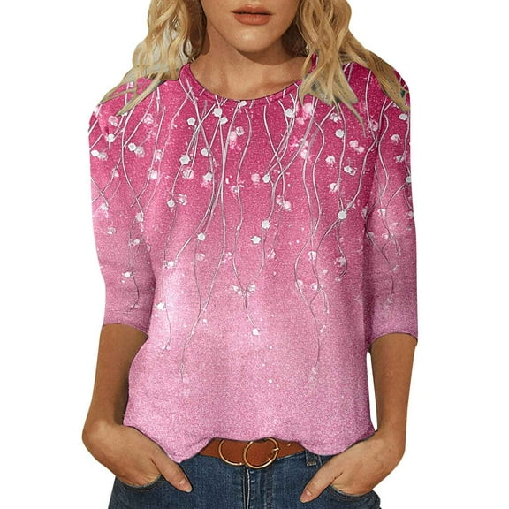 Women's Casual 3/4 Sleeve T-Shirts 2026 Fashion Floral Printed Crew Neck Pullover Blouses Business Work Fashion Regular Fit Tops